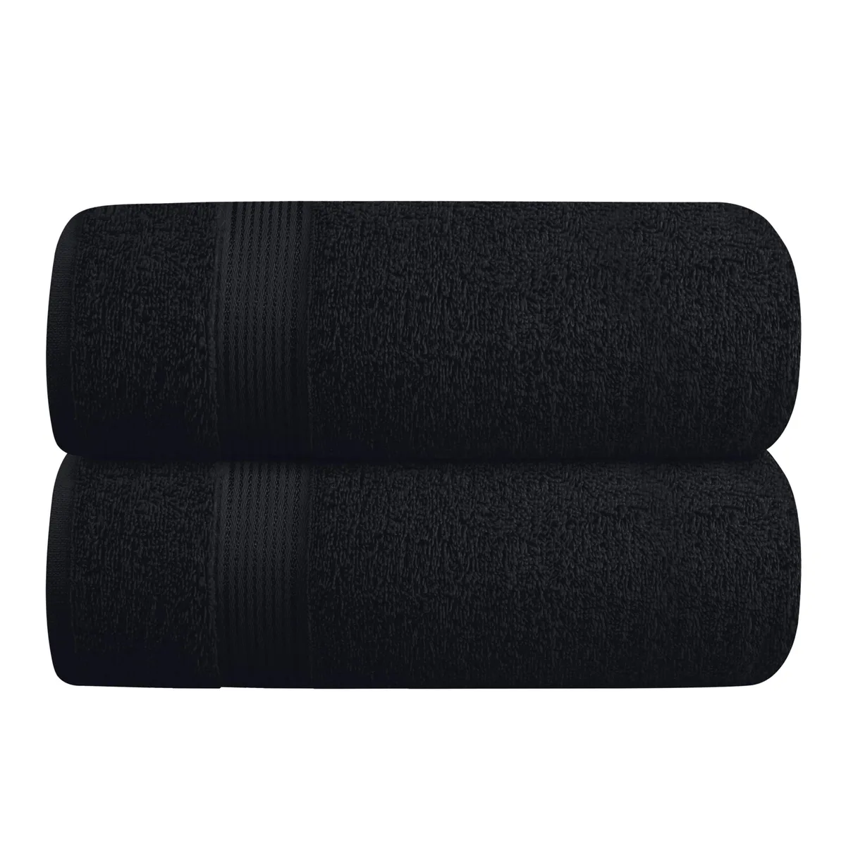 Two white cotton bath towels folded flat, 28 by 55 inches