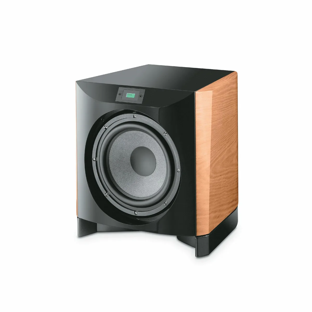Active subwoofer in Dogato Walnut veneer with Slate Grey piano lacquer panels, 13 inch W cone driver, front laminar port, LCD screen