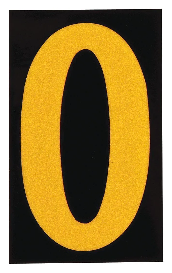 Sheet of 25 die-cut reflective number zero labels, yellow on black