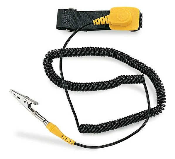 Adjustable yellow and black ESD wrist strap with coiled cord
