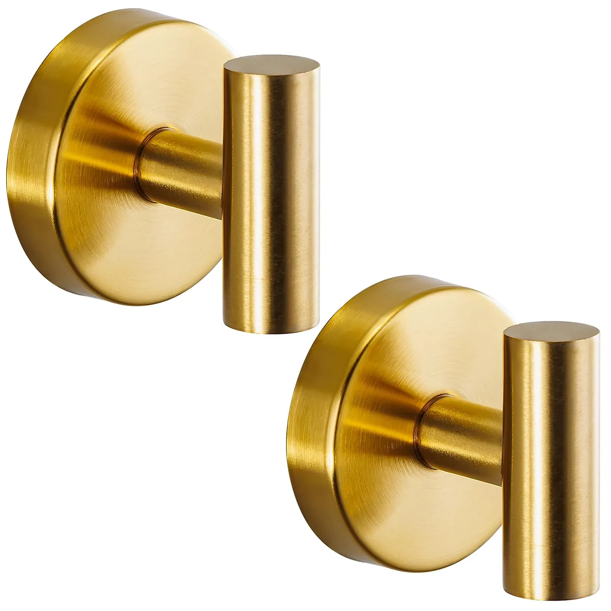 Two brushed gold suction cup hooks with curved arms
