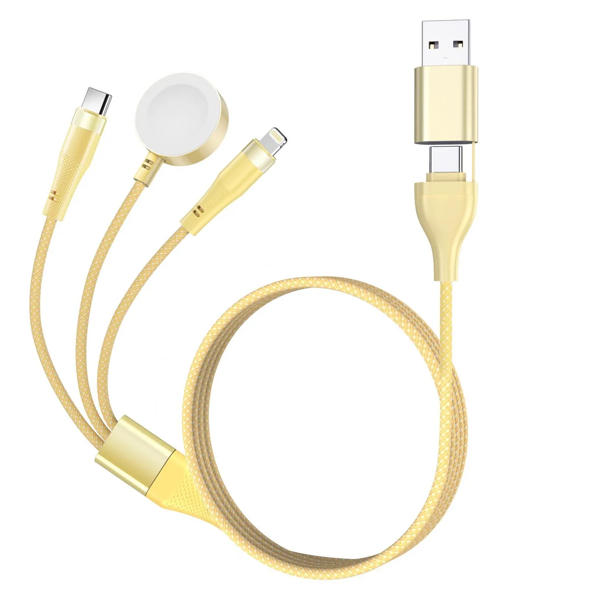 Yellow braided 2 ft cable with Lightning, USB-C and Apple Watch connectors