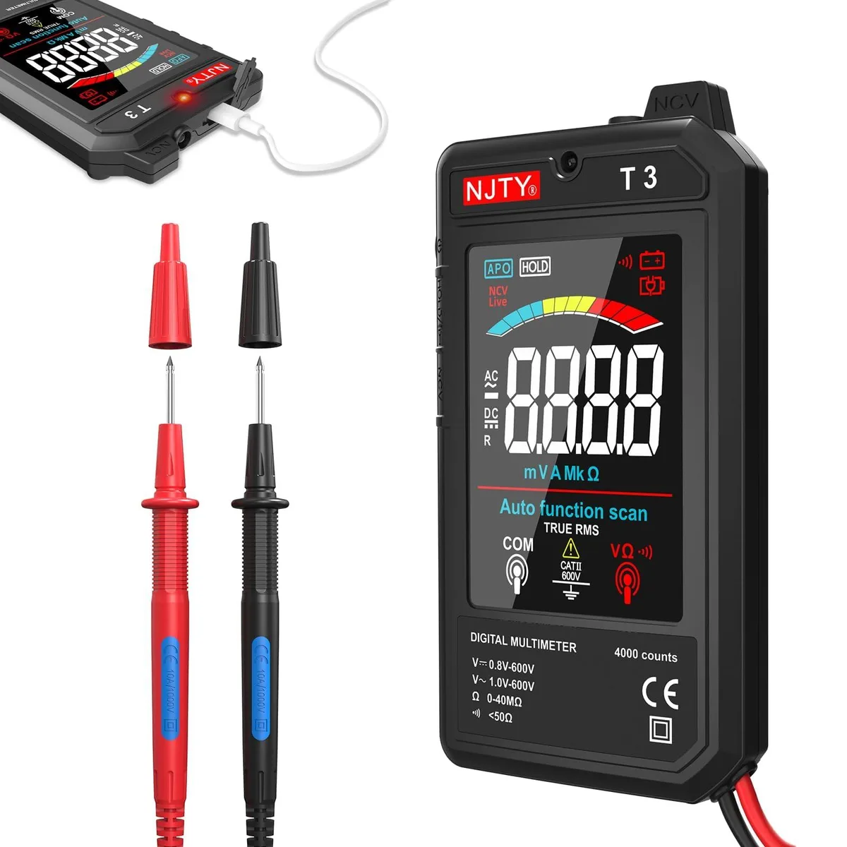 T3 Smart Digital Multimeter 3.2" LCD 600V 4000 Counts Rechargeable — product photo