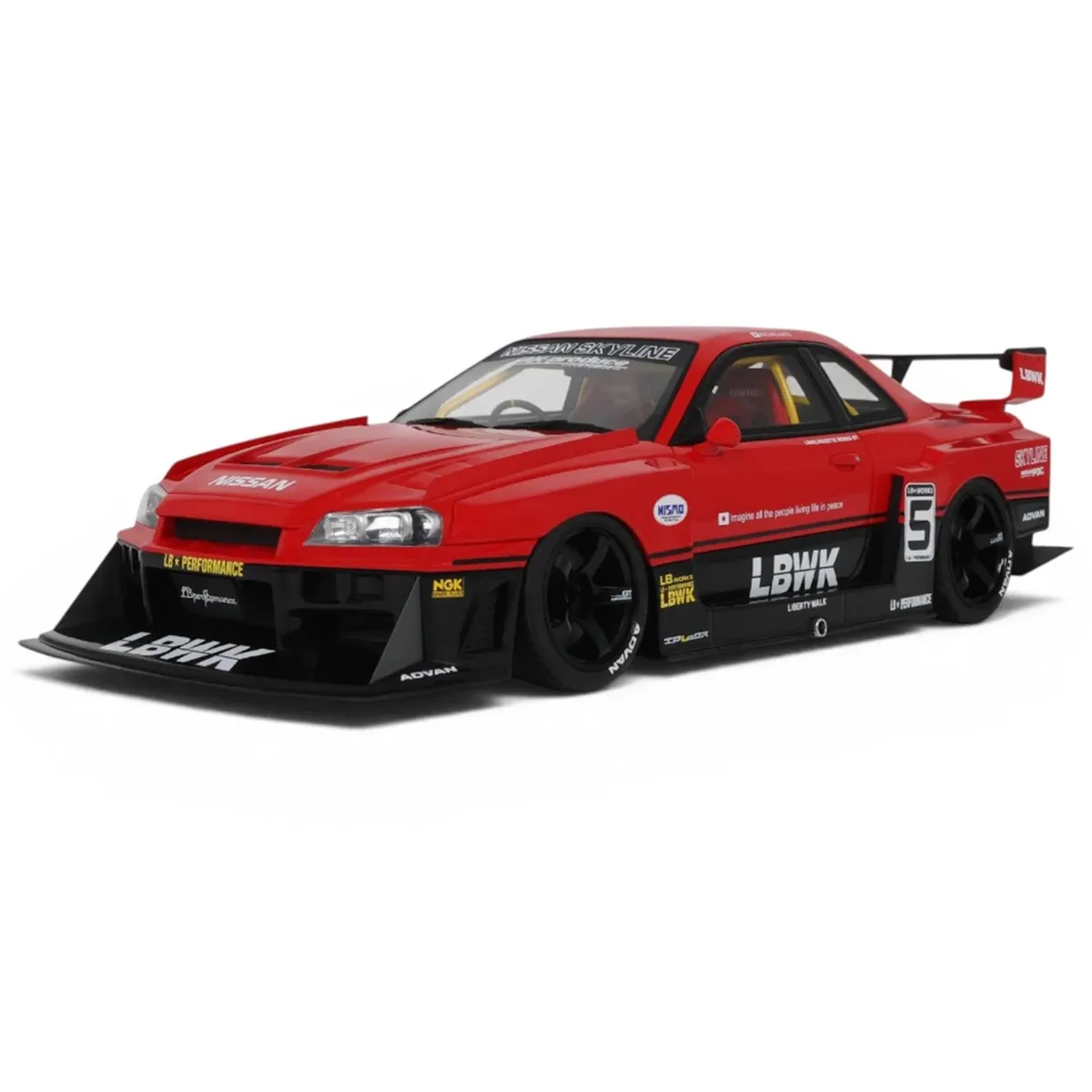 GT Spirit GT Spirit 2020 Nissan Skyline GT-R (R34) LB-Super Silhouette RHD #5 Red Black 1/18 hobby collectible — product photo