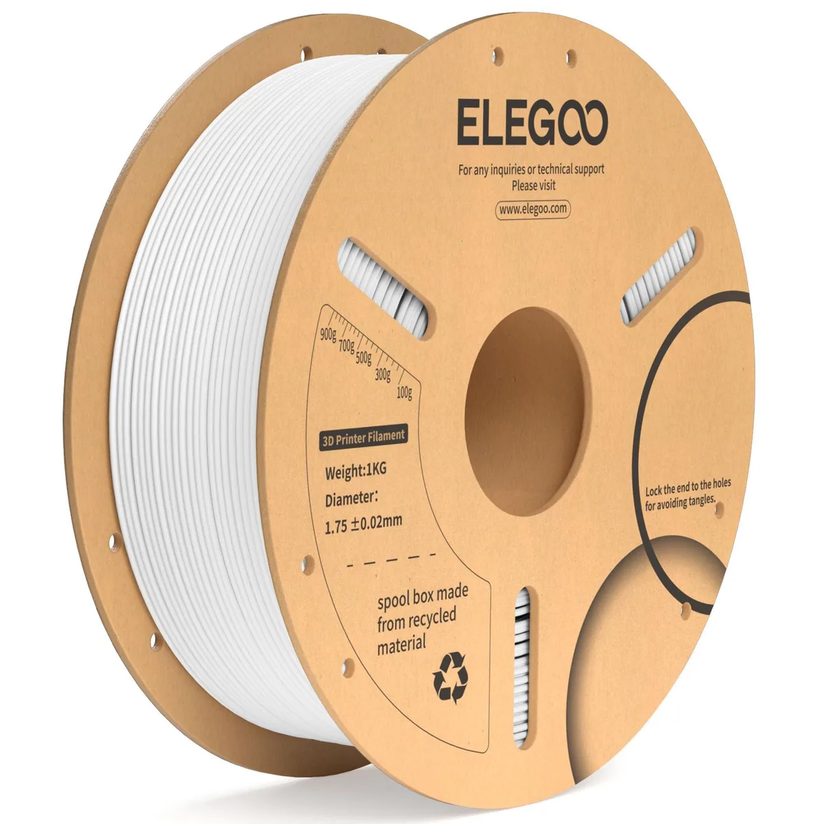White PLA+ filament spool, 1.75mm diameter, 1kg weight