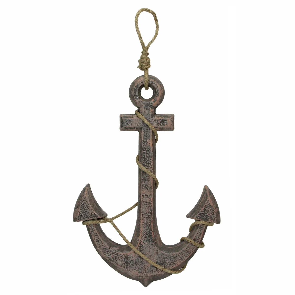Wooden ship anchor wall hanging, weathered brown finish with twisted rope hanger, 24 inches high