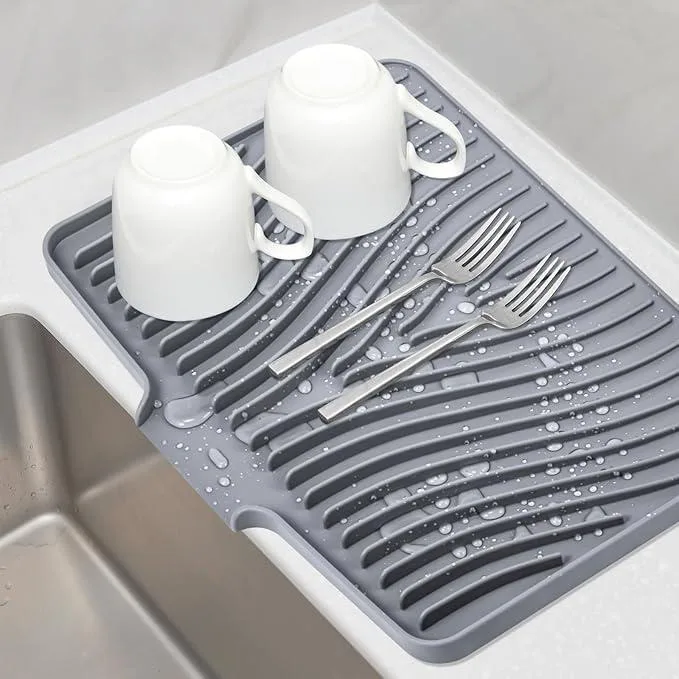 Grey silicone drying mat 16 by 12 inches textured surface raised bumps open drain edge
