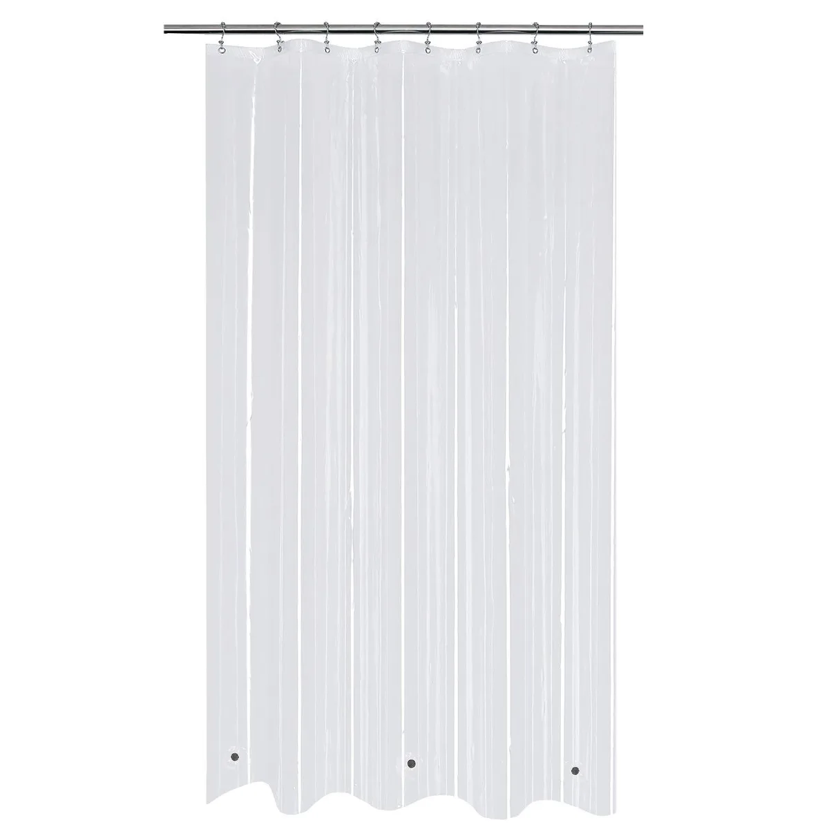 Clear rectangular shower curtain liner with reinforced header and metal grommets