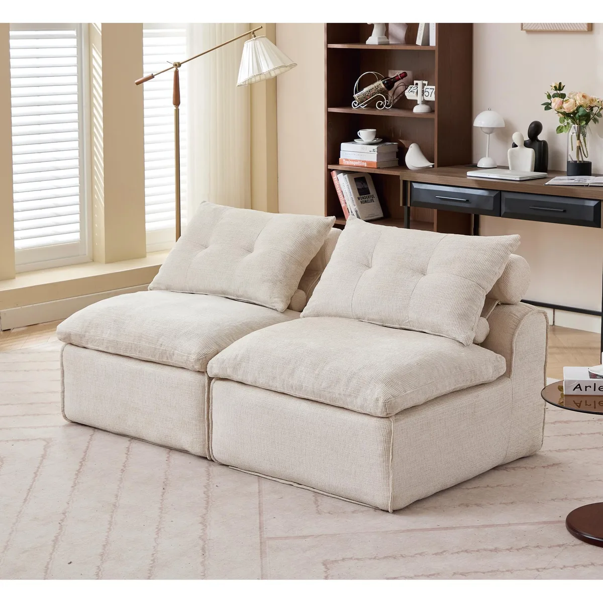 Beige two-seat modular sofa in chenille fabric, no armrests, with neck and lumbar pillows