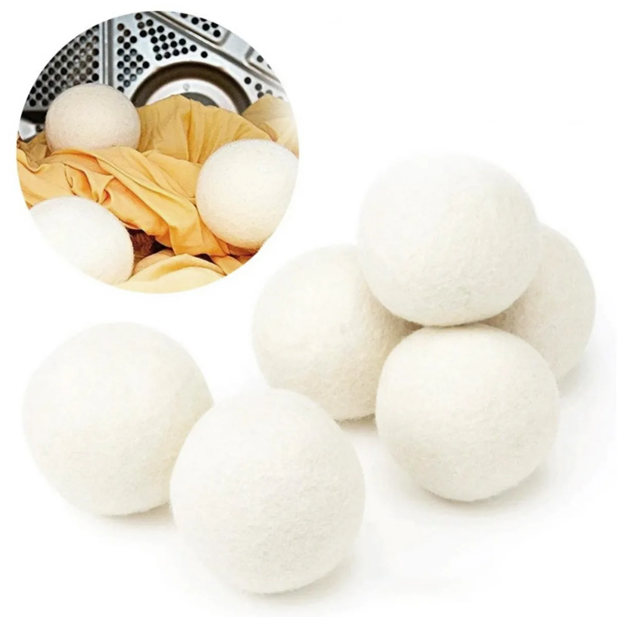 Six white wool dryer balls in a recyclable storage bag