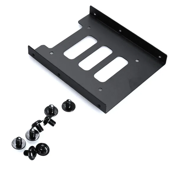 Black metal bracket adapts a 2.5 inch drive to a 3.5 inch bay