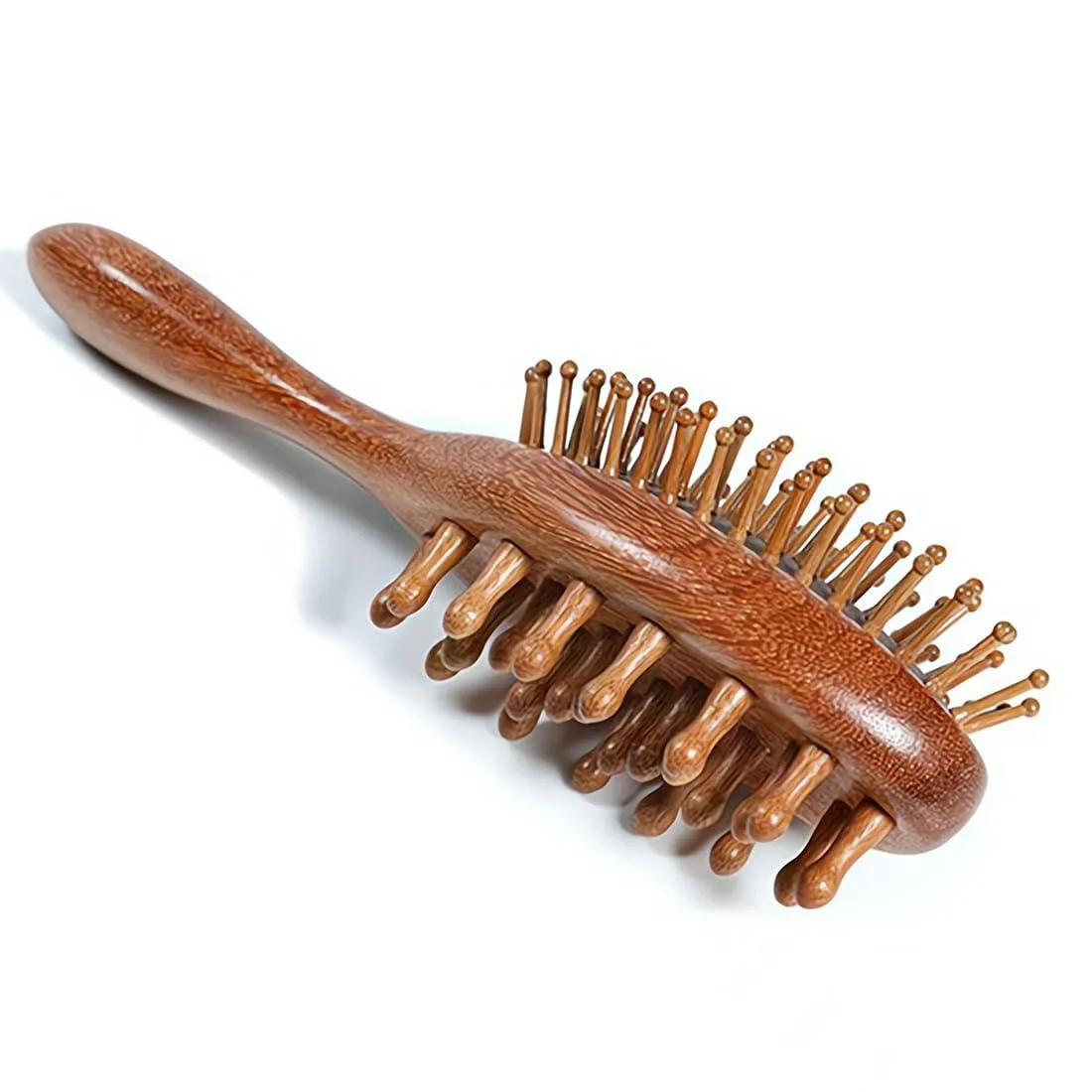 Hand-held wooden scalp massager in sandalwood finish with dual-sided teeth and comb