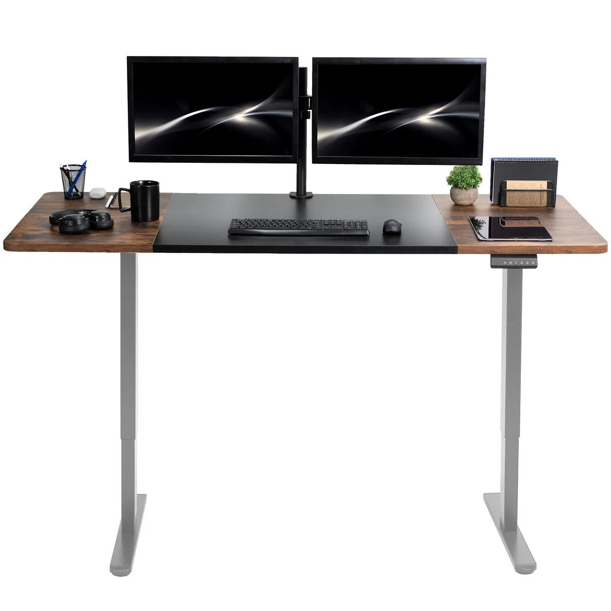VIVO VIVO Electric Dual Motor 71 x 30 Desk Black Vintage Brown Gray Frame office furniture — product photo