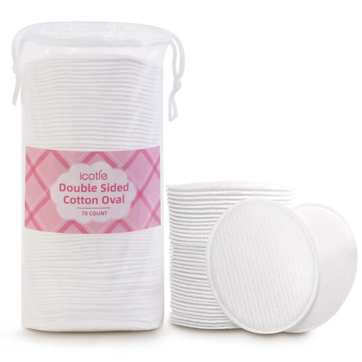 White oval cotton pads in a clear bag, 70 count, dual textured surface, sealed edges