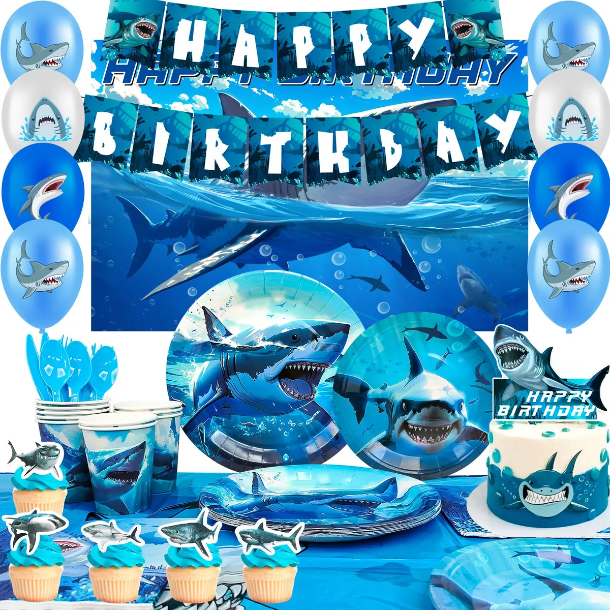 InBoxxarty InBoxxarty Shark Birthday Party Decorations 112 pcs 10 Guests Blue — product photo