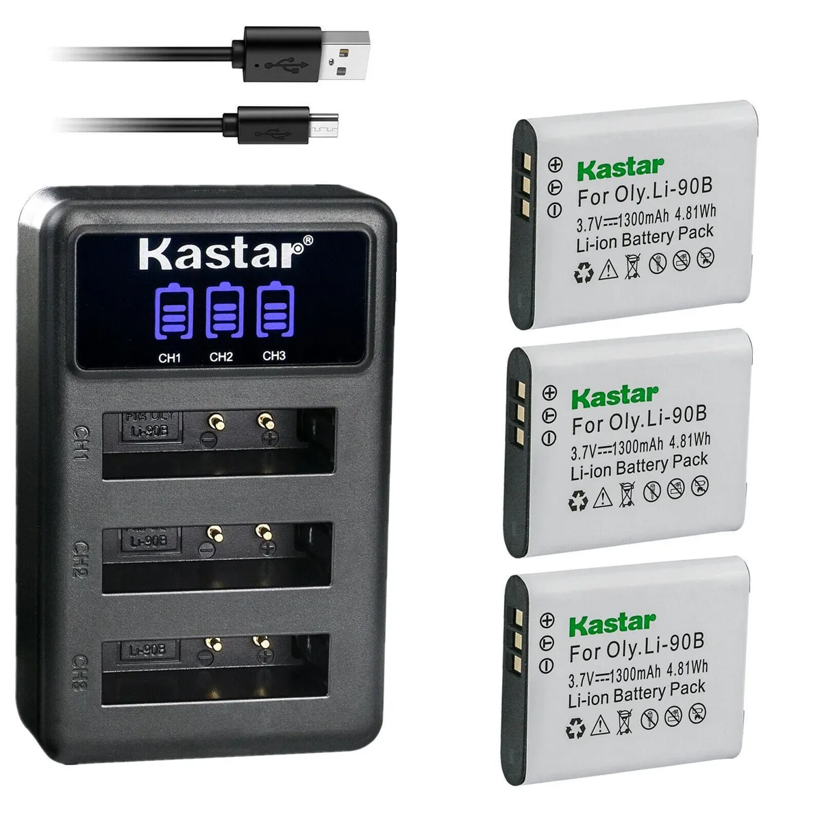 Kastar Kastar LI-90B 3 batteries + LCD triple USB charger 4.81Wh — product photo