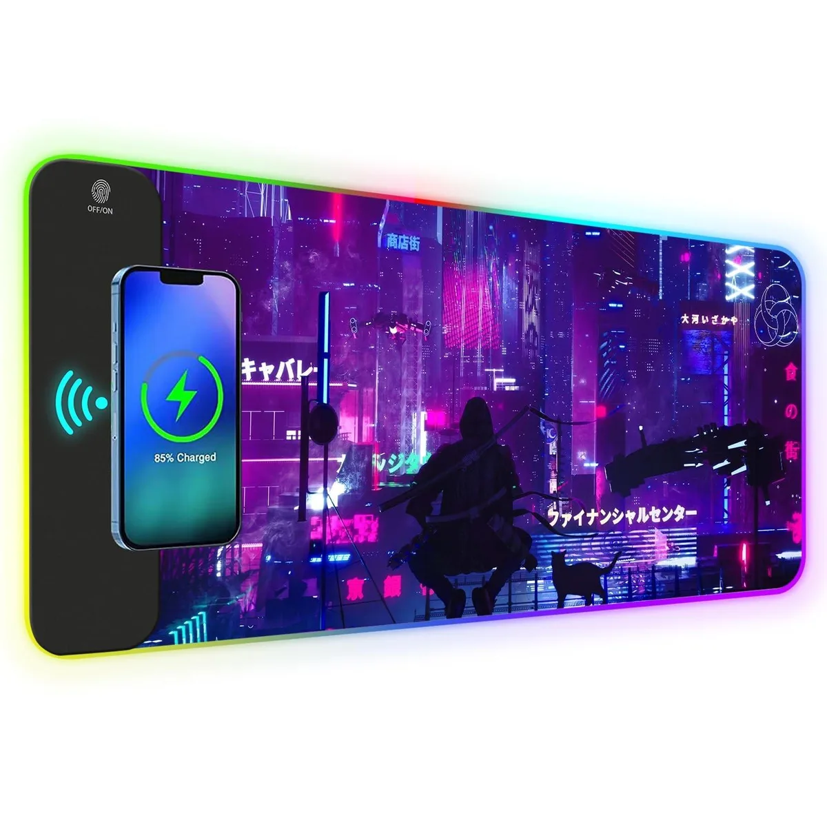 Extended RGB mouse pad with wireless charging zone, purple anime cat artwork, rubber base, USB-C cable attached