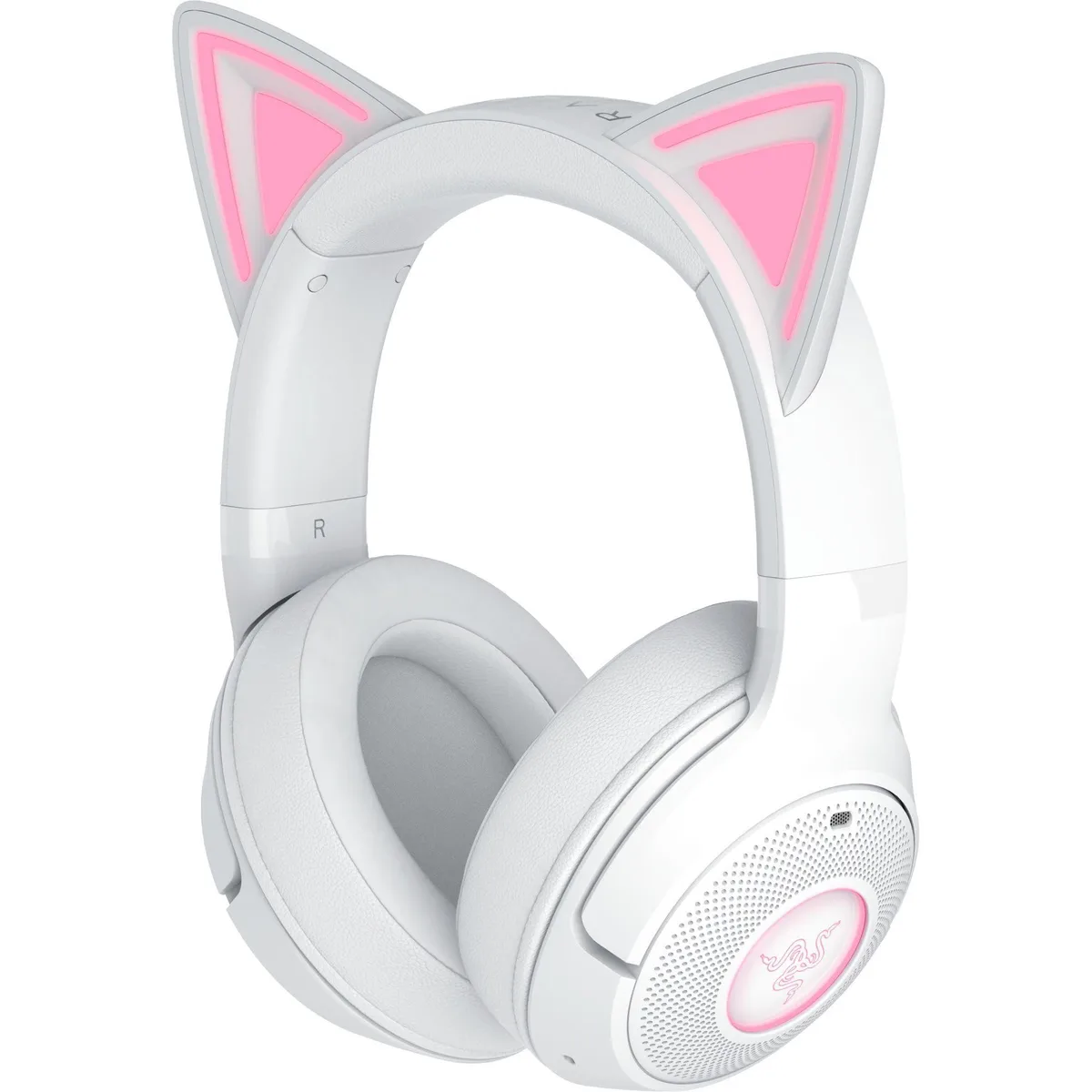 White wireless gaming headset with cat-ear RGB lighting, oval earcups, fabric and leatherette cushions