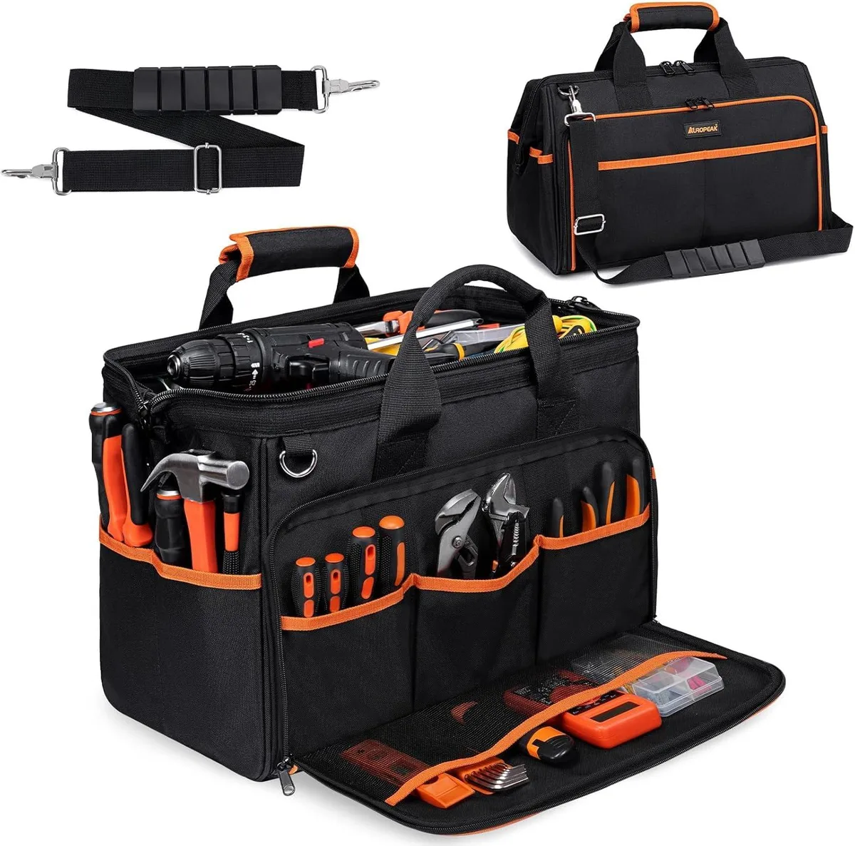 Heavy duty tool bag 17.3 inch 26 pocket 1680D Oxford cloth adjustable shoulder strap