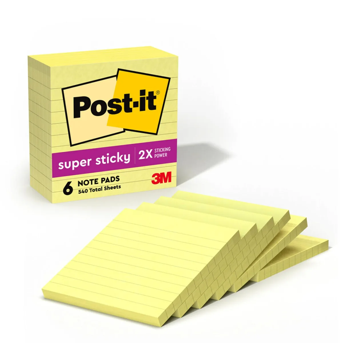 Six square canary-yellow lined sticky-note pads in a paperboard carton