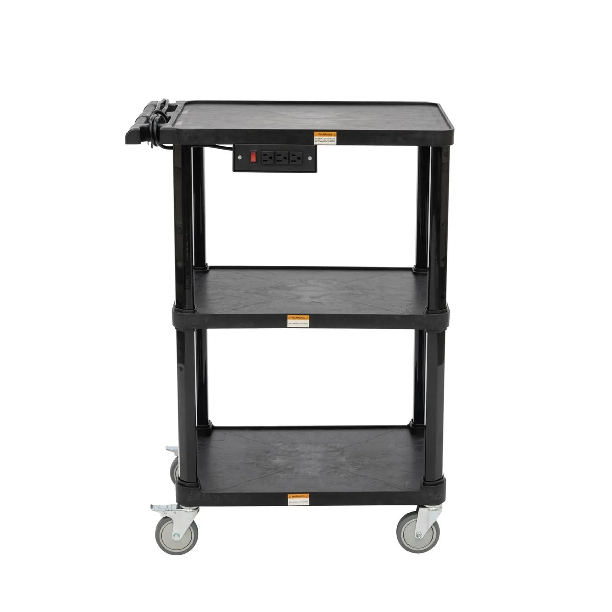 Black three-shelf utility cart with four swivel casters and a push handle on the top shelf