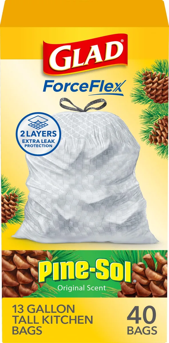 White rectangular box containing 40 white 13-gallon drawstring trash bags with Pine-Sol scent