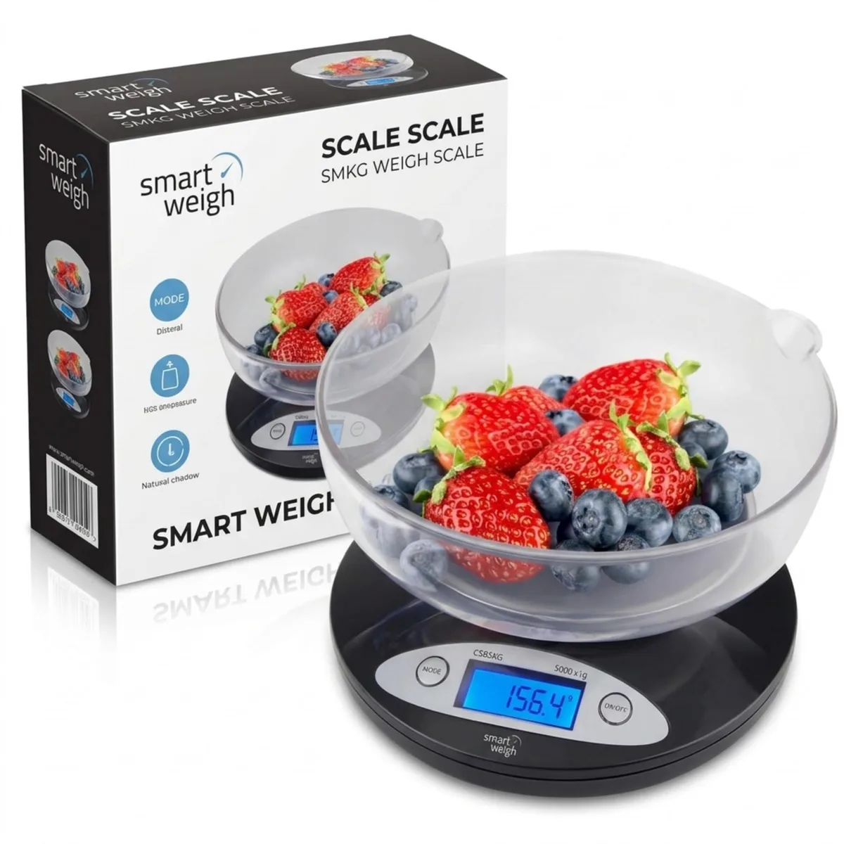 Black square digital kitchen scale with removable bowl, 7.1 in sides