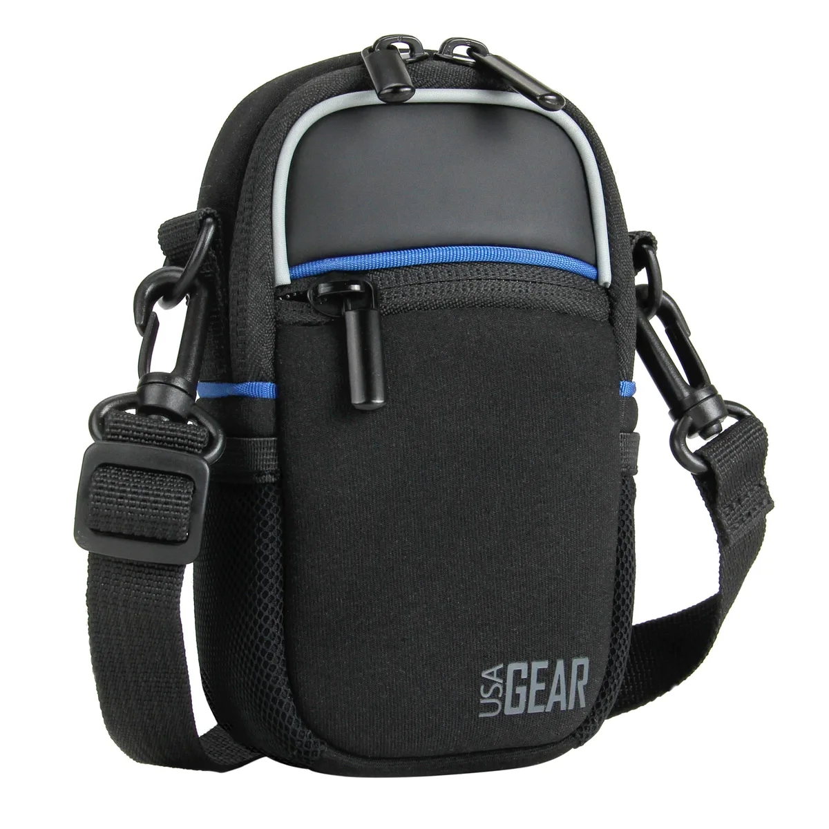 Black compact camera pouch with zippered front pocket side mesh pockets belt loop and shoulder strap