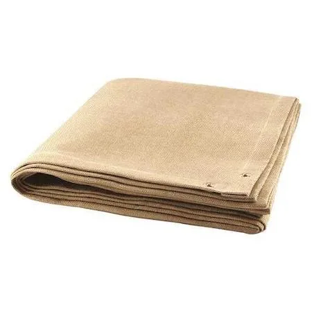 Tan fiberglass welding blanket with vermiculite coating, grommets on each corner
