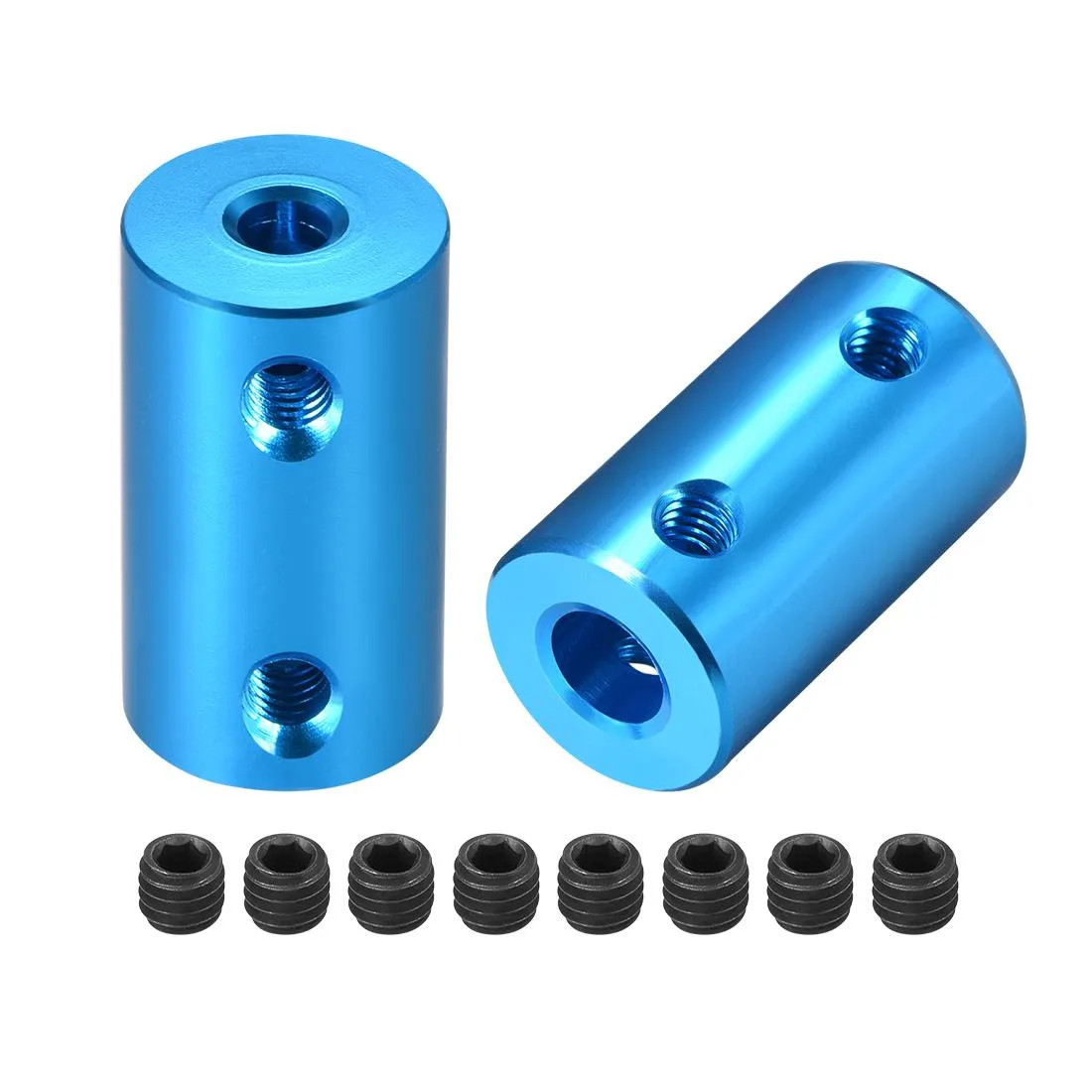 Two blue aluminum rigid shaft couplers 25mm long 14mm diameter with M4 screws