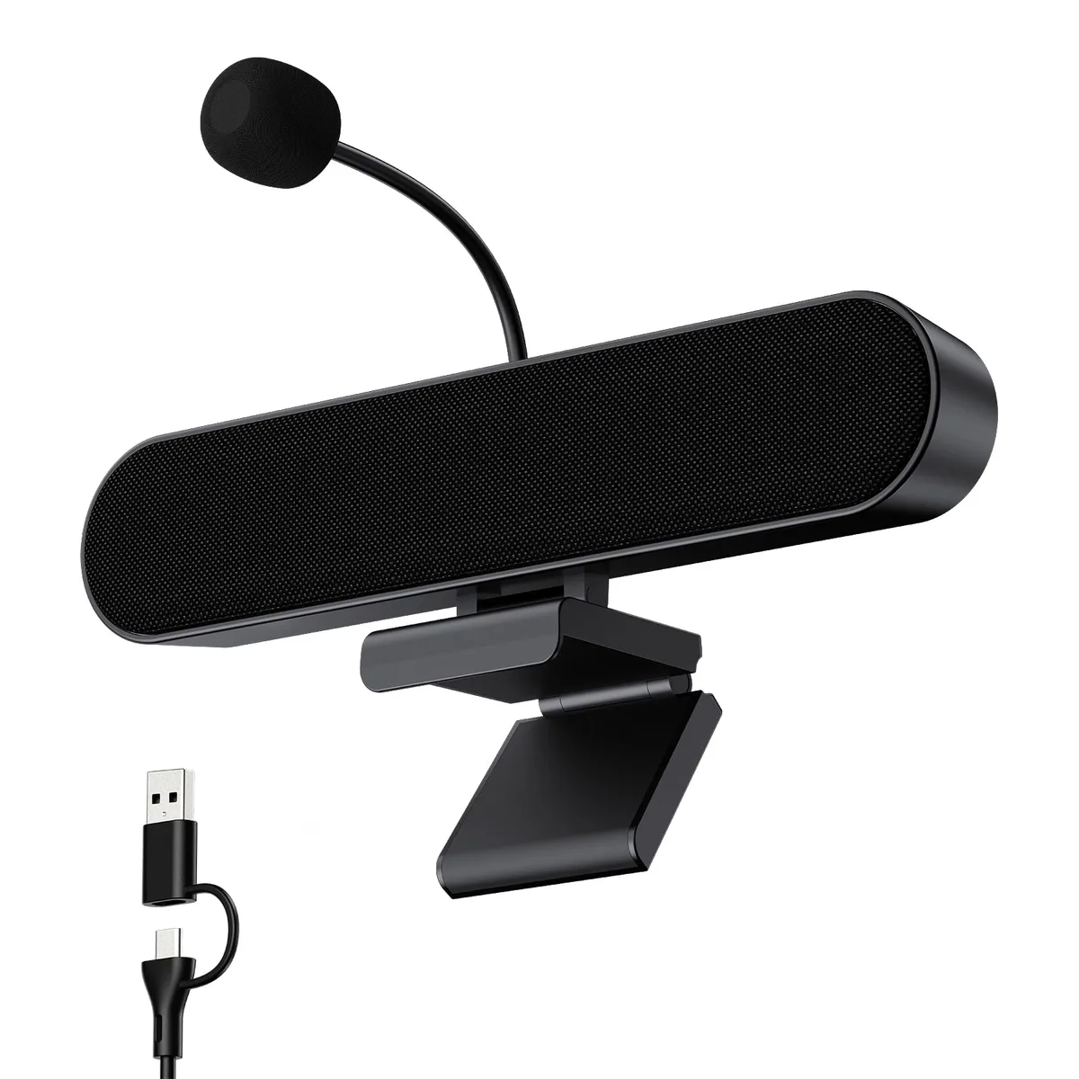 Slim black soundbar clamps to monitor top, detachable gooseneck mic on side