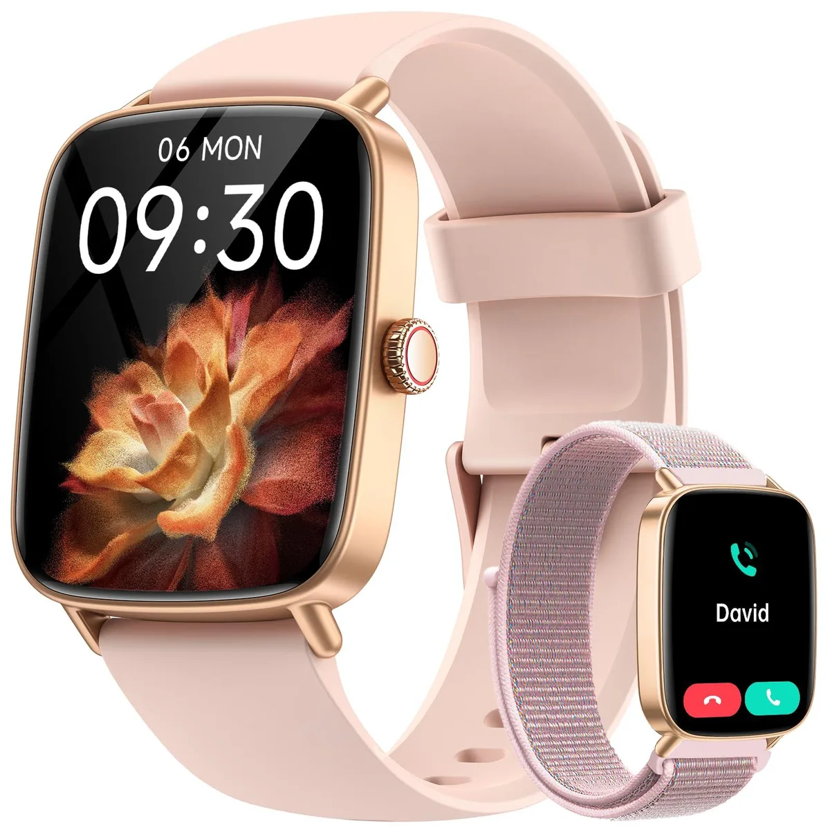 Pink rectangular smartwatch with 1.85 inch touchscreen and two interchangeable bands