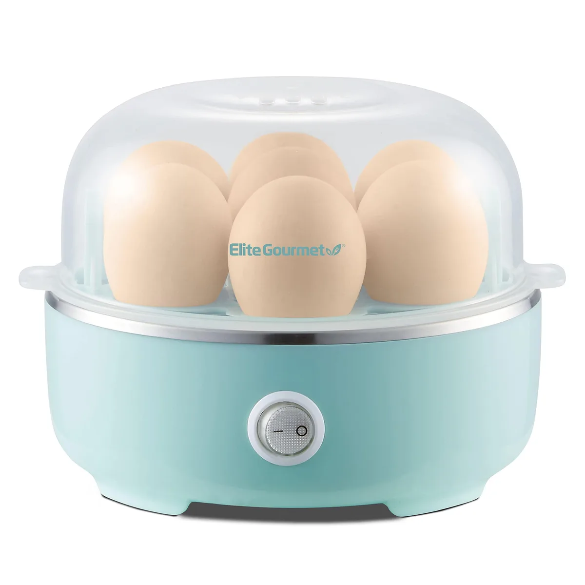 White compact egg cooker with clear lid and mint accents