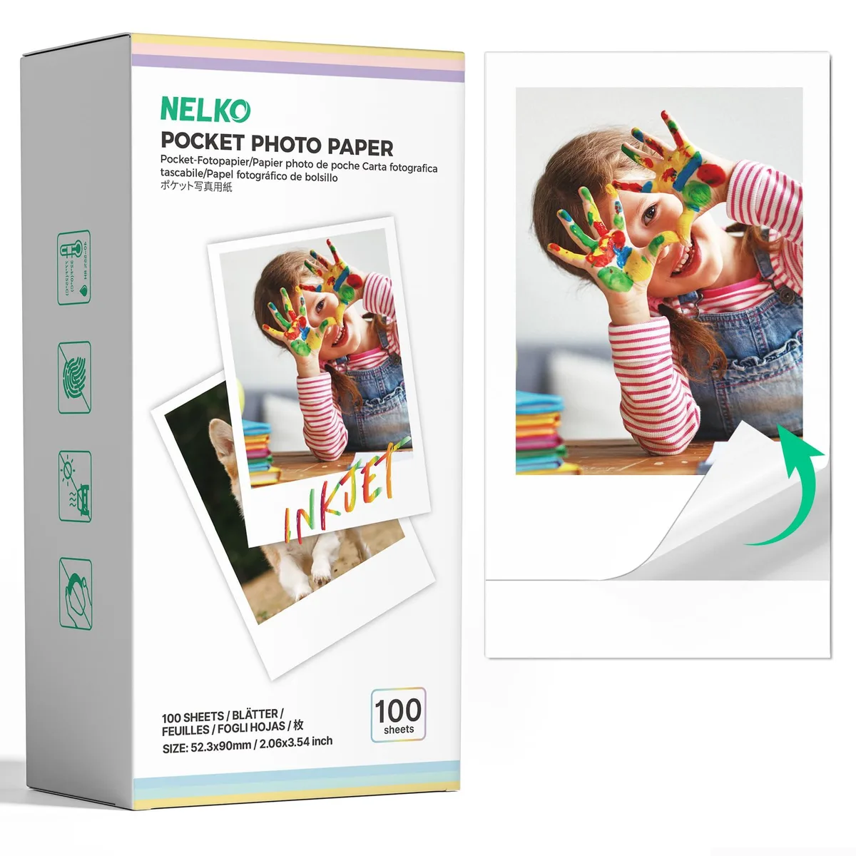 White coated self-adhesive photo paper sheets 52x90mm pack of 100