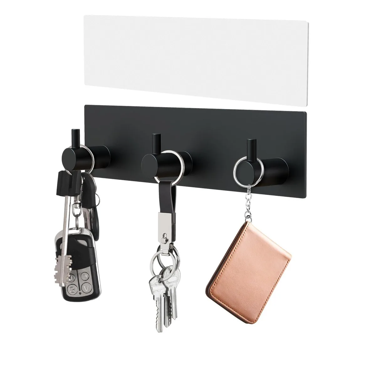 Black matte stainless steel key holder with three thick hooks
