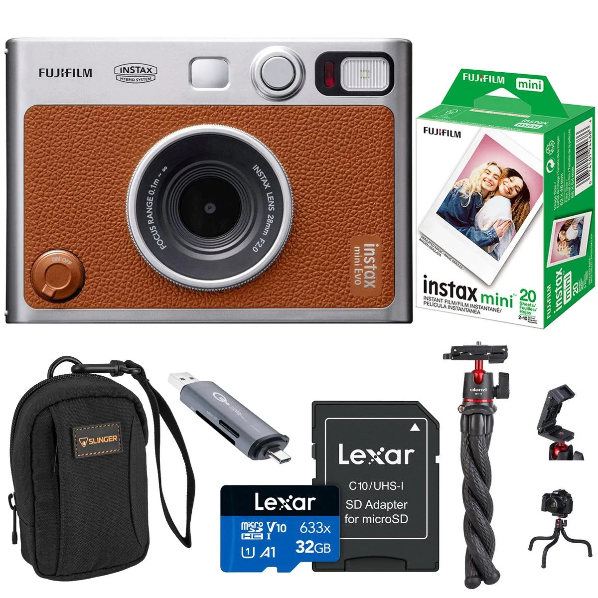 Brown Instax Mini Evo camera with bag, tripod, film and strap