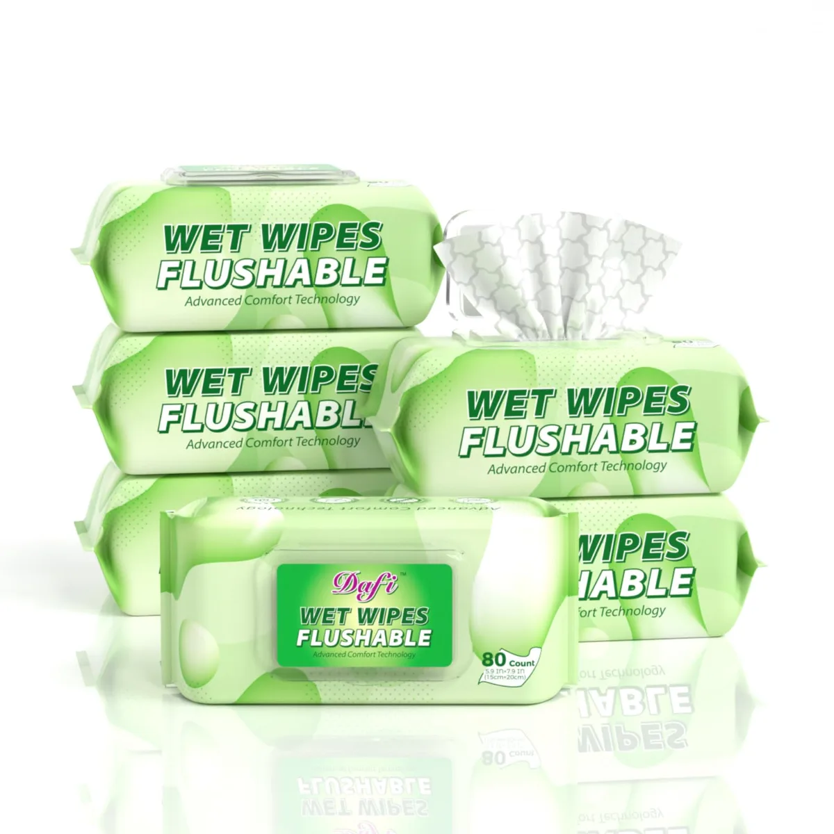 Rectangular cardboard carton containing six flip-top packs of plant-fibre flushable wipes