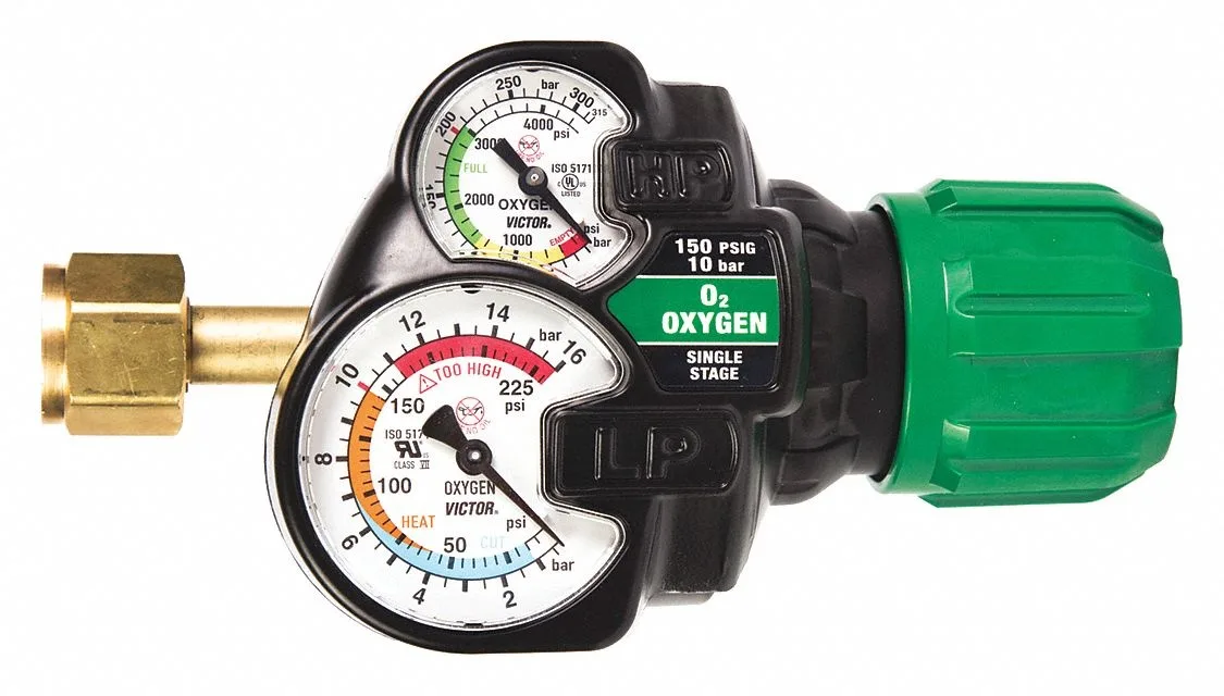 Victor brass gas regulator with 2-1/2 inch gauge and CGA540 inlet