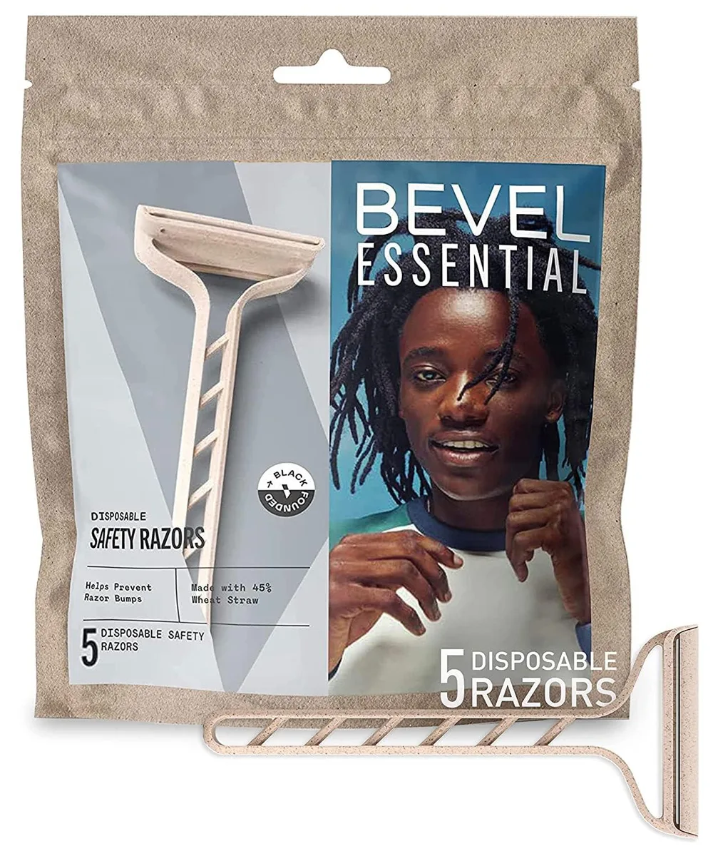 Five black disposable safety razors with double-edge stainless steel blades