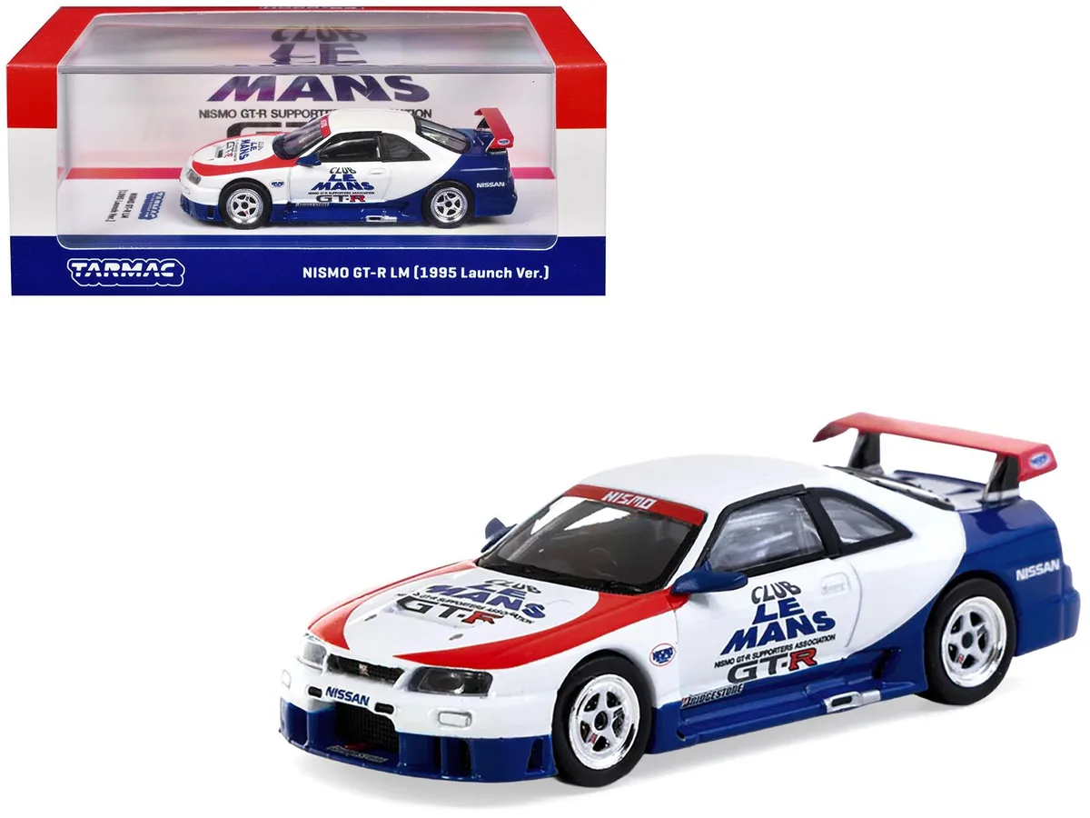 Tarmac Works Tarmac Works Nissan Nismo GT-R LM RHD 1995 Launch Version White Red Blue Hobby64 1/64 Diecast Model Car — product photo