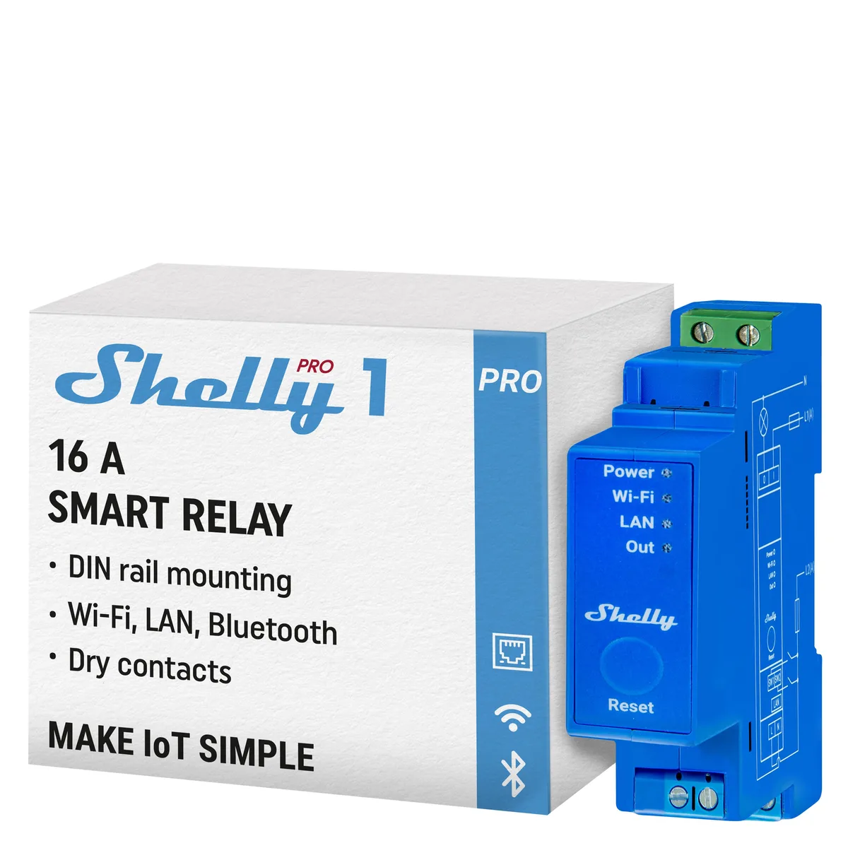 Shelly Shelly Pro 1 16A 1-channel DIN rail relay — product photo