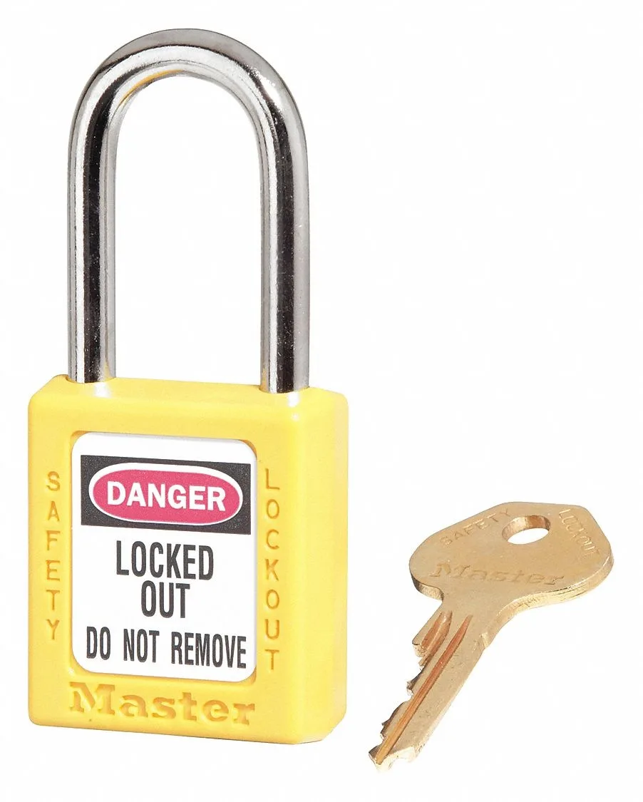 Yellow thermoplastic lockout padlock with metal shackle and danger header