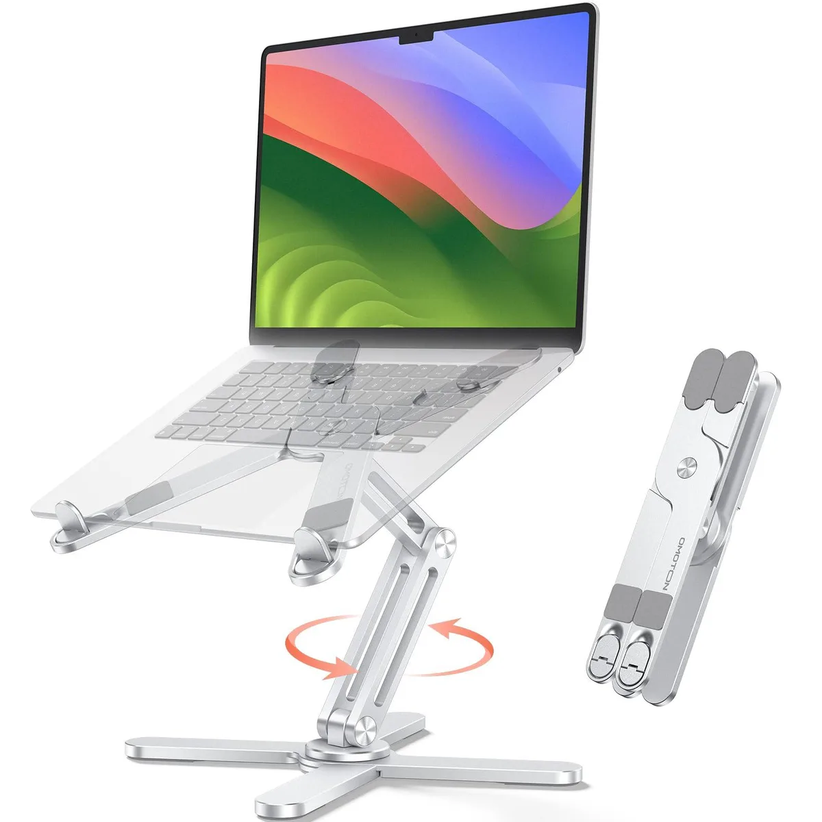 Silver aluminum X-frame laptop stand with 360° rotating base, folded flat to show slim profile and carry pouch