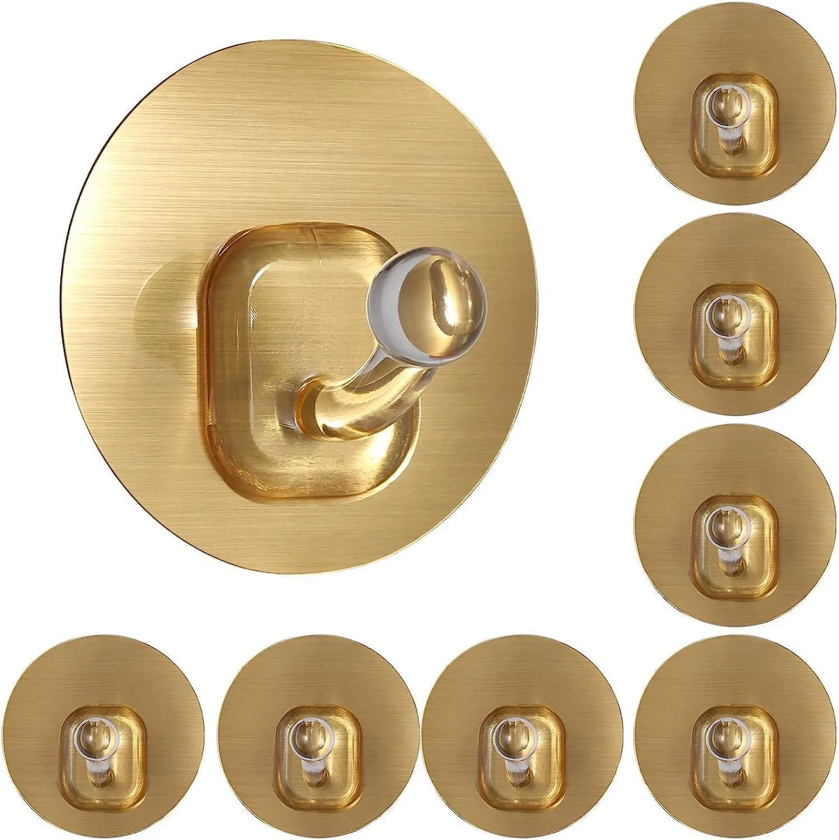 Ten gold glossy PVC adhesive hooks in a pack