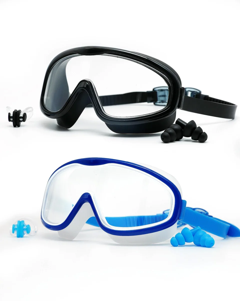 Two black silicone swimming goggles with wide curved lenses and adjustable straps