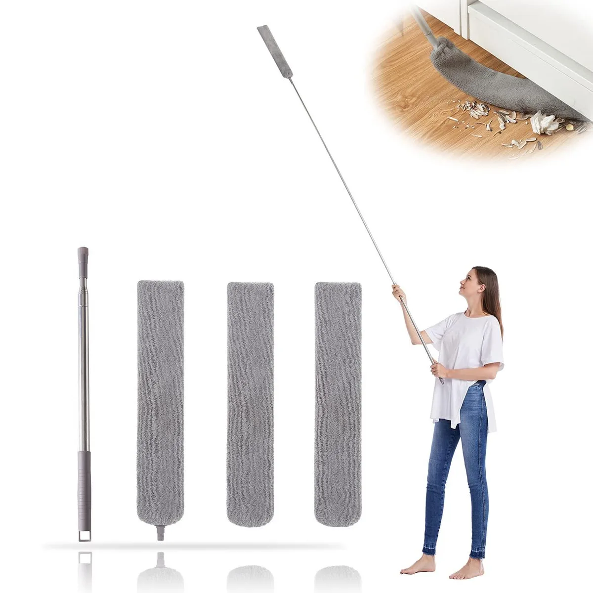 Flat microfiber duster on extendable pole with three cloths