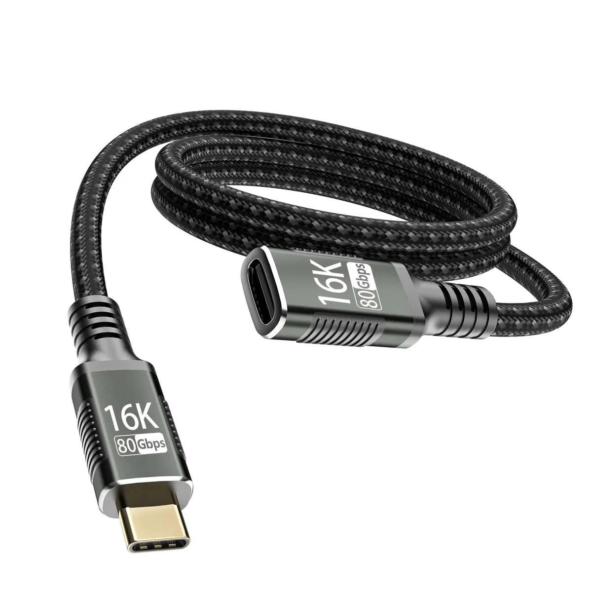 Nylon-braided USB-C male-to-female extension cable, 1 metre, gold-plated connectors