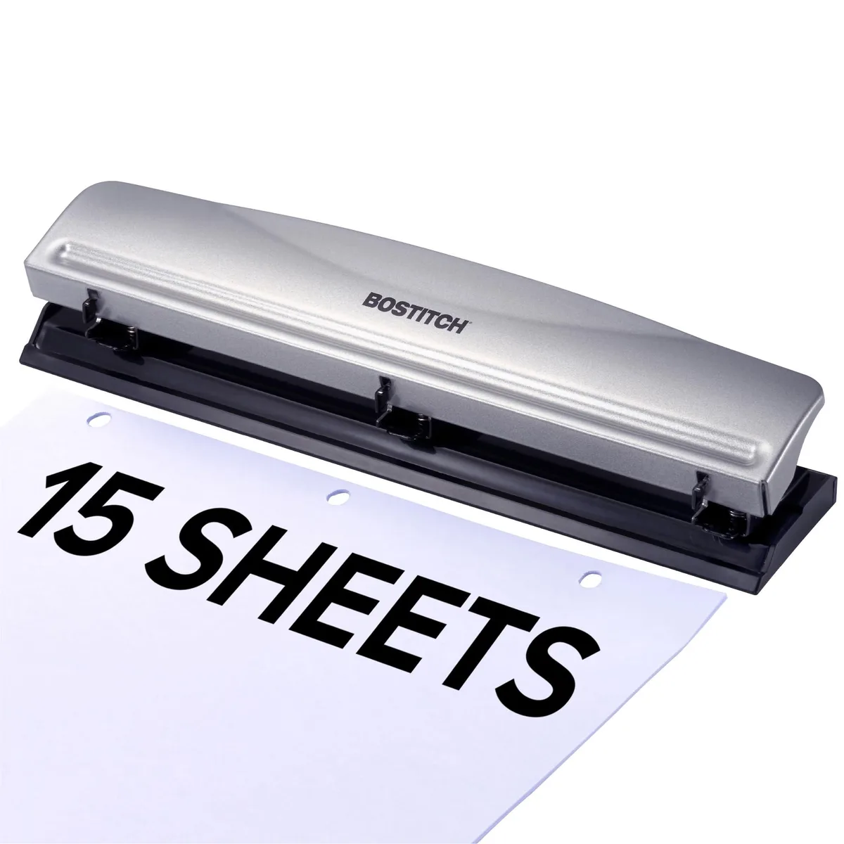 Black metal three-hole paper punch with chip tray and non-slip base