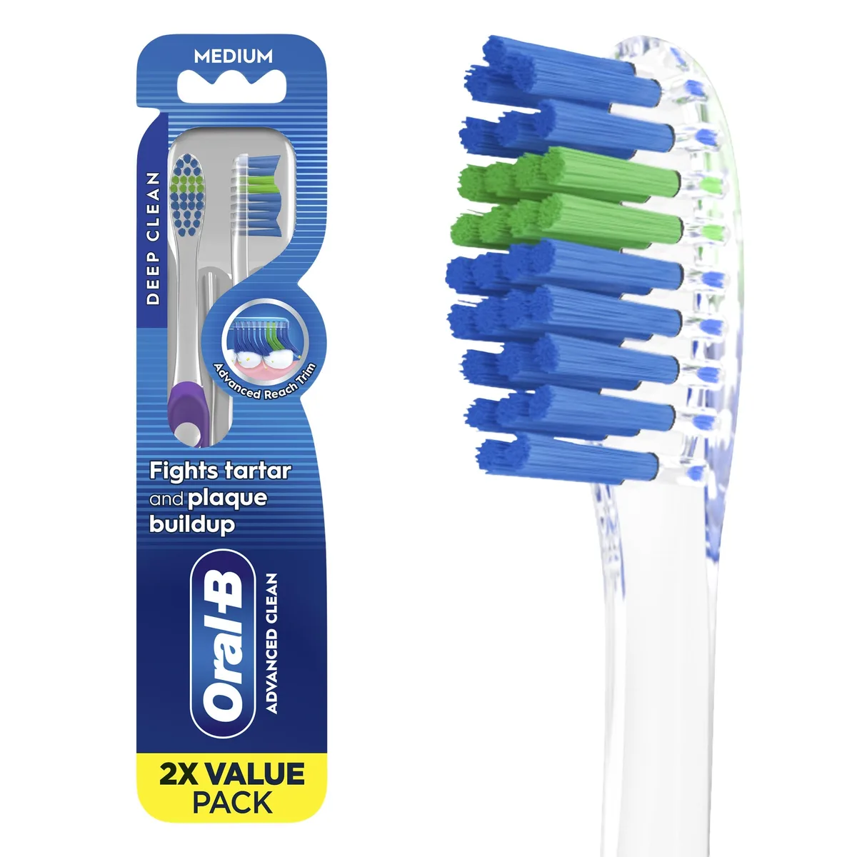 Two blue manual toothbrushes with white fading indicator bristles and built-in tongue scrapers