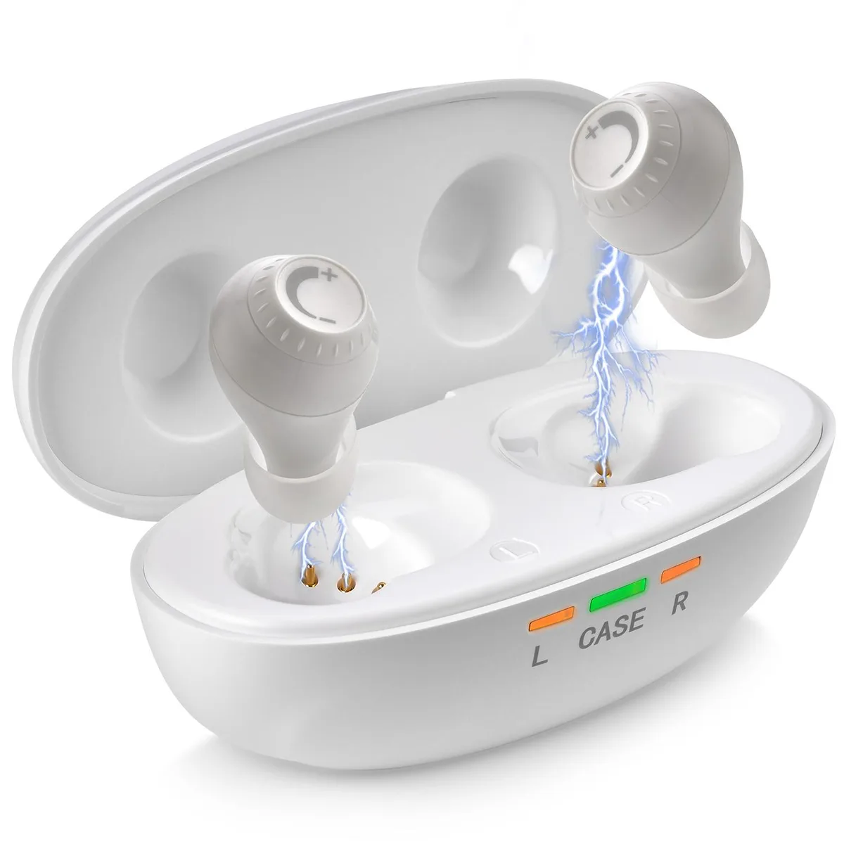 Two white in-ear hearing amplifiers with charging case